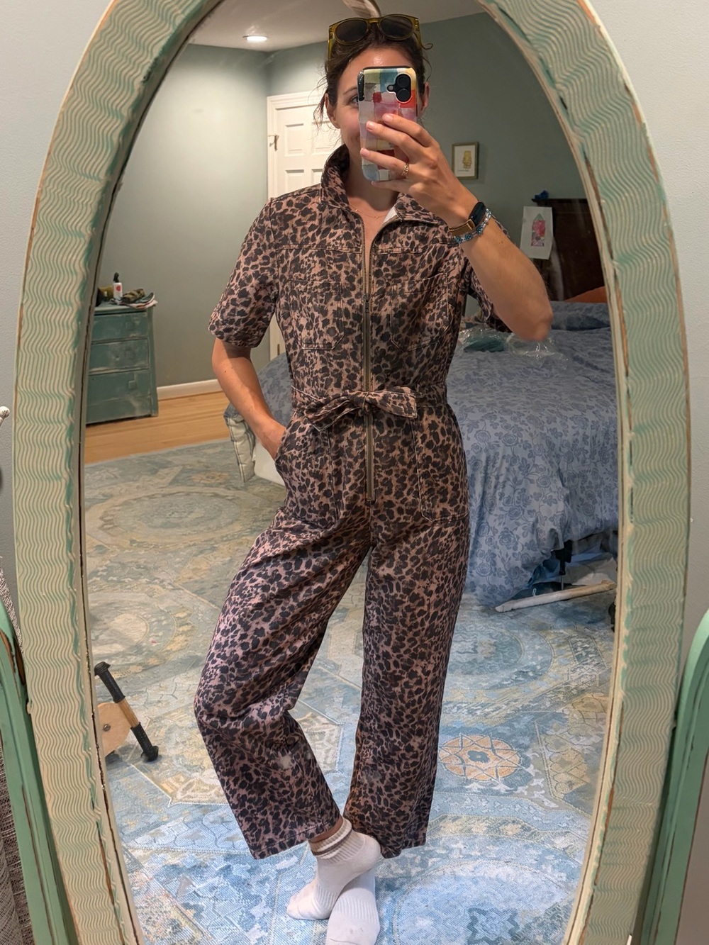 Oliver Bonas Leopard Print Denim Utility Jumpsuit - US 4 / UK 8